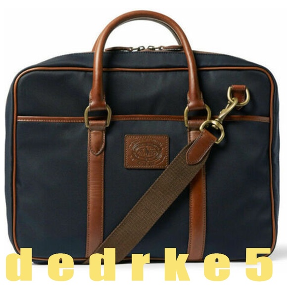 NEW RALPH LAUREN navy blue commuter briefcase messenger Canvas /leather